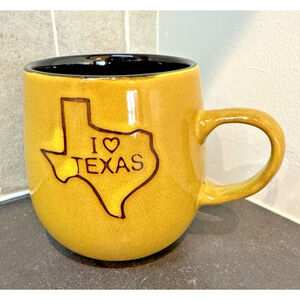 I LOVE TEXAS Coffee Cup Mug I Heart Texas Black and Mustard Yellow 10oz Vintage